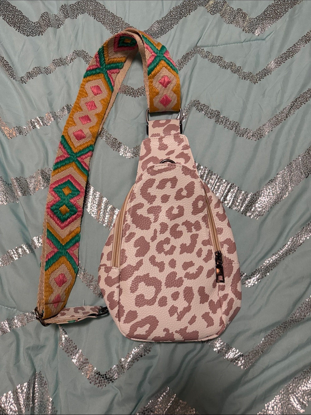 Pink Leopard Print Crossbody Sling Bag with Colorful Strap